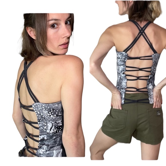 Viva O Sol Criss across Open Back Athletic Stretchy Tank Top Grey - Picture 1 of 11
